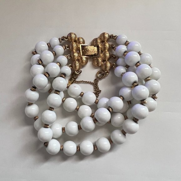 Vintage Monet White Ball Beaded Multi Strand Bracelet